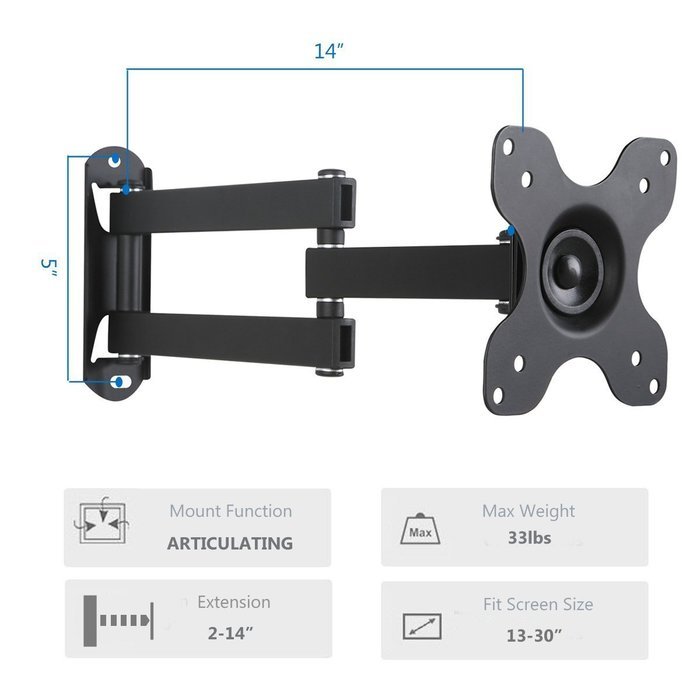 WALI Articulating TV LCD Monitor Wall Mount Full Motion 14" Extension Arm Tilt Swivel for Most 13" 15" 17" 19"... N2