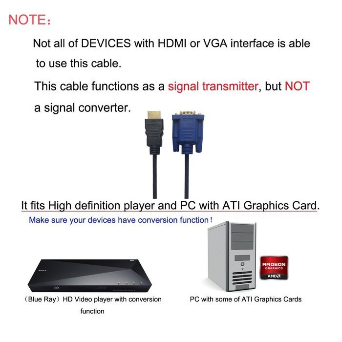 HDMI to VGA Cable, eBerry HDMI Male to VGA Male D-SUB 15 Pin M/M Connector Adapter Cable Cord Transmitter (NO... N2