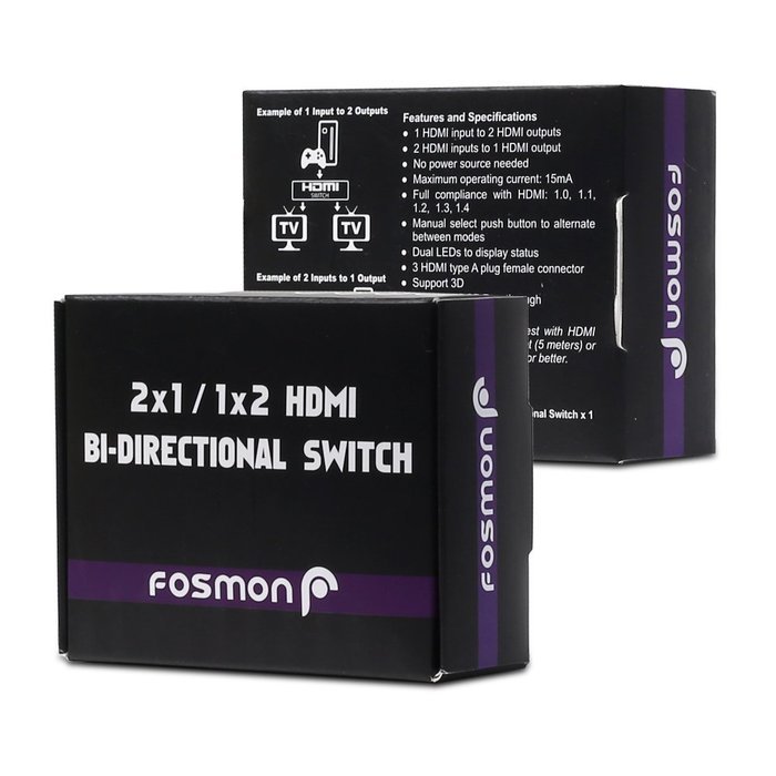 Fosmon HD8024 2x1 or 1x2 Ultra HD 4K HDMI Bi-Directional Switcher with HDCP Passthrough, Supports 3D and 1080P N6