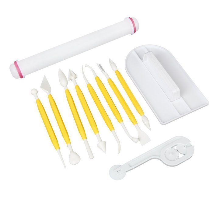 HOSL 4 Sets (11pcs) Sugarcraft Icing Cake Smoother Fondant Cutter Embosser Rolling Pin Modeling Tool Kit Set