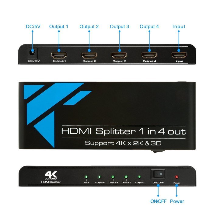 4K HDMI Splitter, Takya 1x2 HDMI Splitter Ver 1.4 Certified for 4k x 2K & 3D Support (One Input To Two Outputs) N9