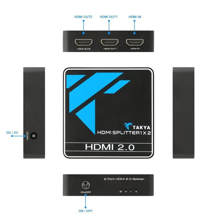 4K HDMI Splitter, Takya 1x2 HDMI Splitter Ver 1.4 Certified for 4k x 2K & 3D Support (One Input To Two Outputs) N14