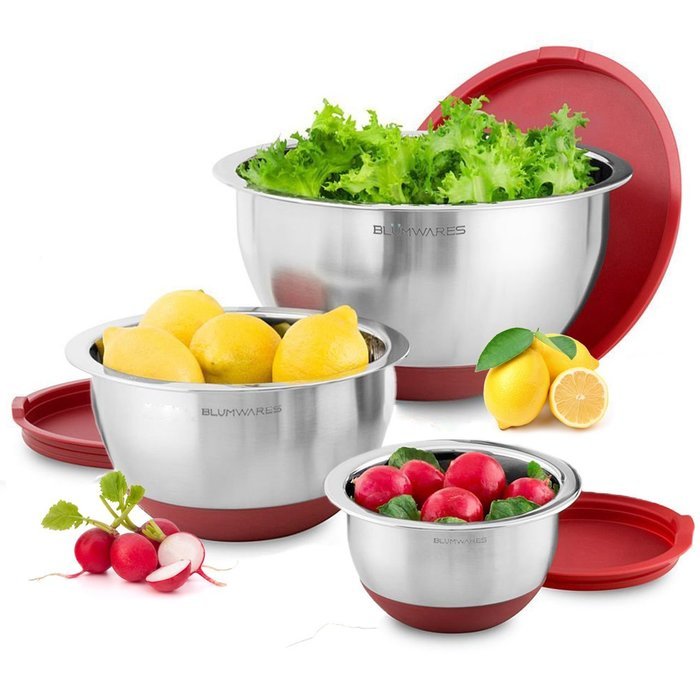 Bl&uuml;mwares 3-Piece Stainless Steel Mixing Bowls with Lids & Non-Skid Rubber Grip Bottoms | Set of 3