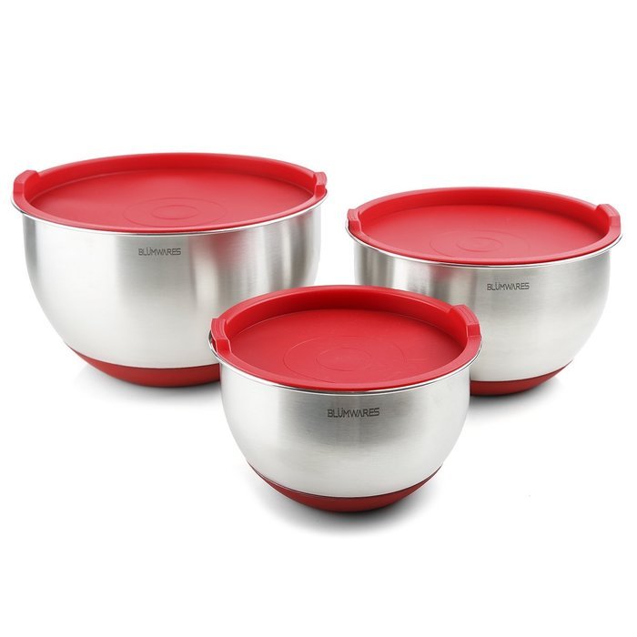 Bl&uuml;mwares 3-Piece Stainless Steel Mixing Bowls with Lids & Non-Skid Rubber Grip Bottoms | Set of 3 N4