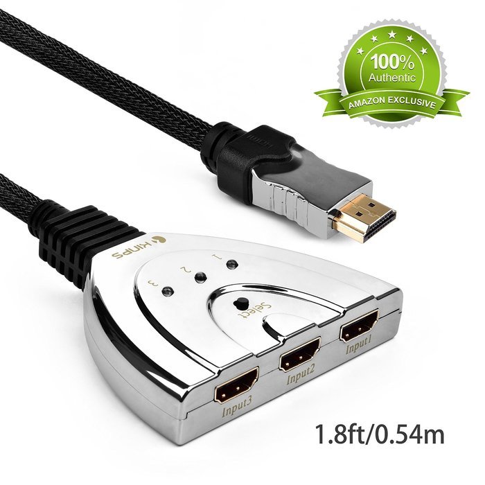 HDMI Cable, Kinps&reg;3 Port HDMI Switch HDMI Splitter High Speed HDMI Cable with Braided Pigtail Cable Supports 3D...