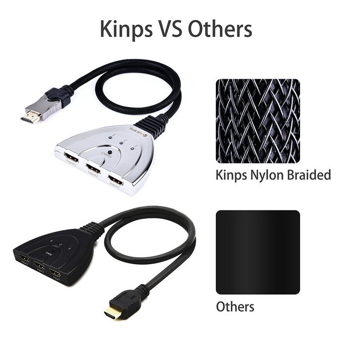 HDMI Cable, Kinps&reg;3 Port HDMI Switch HDMI Splitter High Speed HDMI Cable with Braided Pigtail Cable Supports 3D... N7