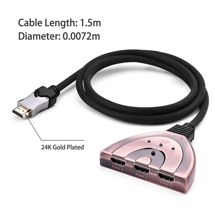 HDMI Cable, Kinps&reg;3 Port HDMI Switch HDMI Splitter High Speed HDMI Cable with Braided Pigtail Cable Supports 3D... N10