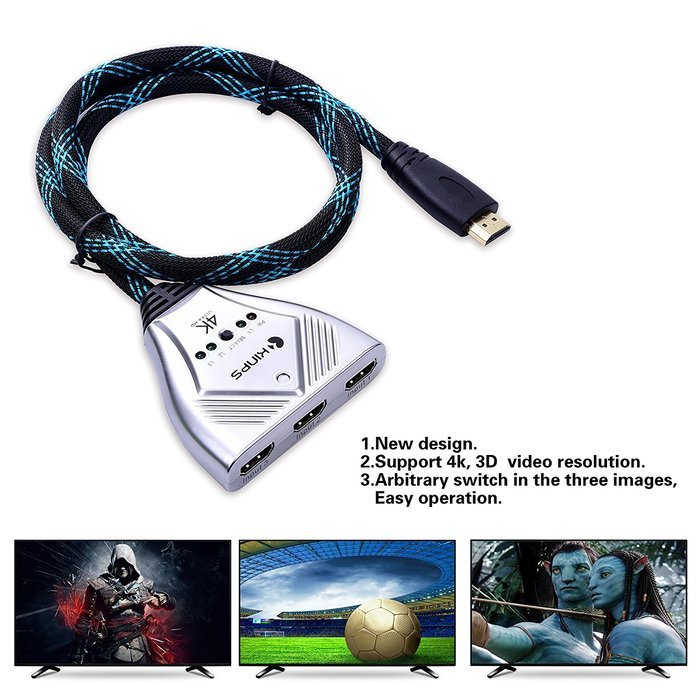 HDMI Cable, Kinps&reg;3 Port HDMI Switch HDMI Splitter High Speed HDMI Cable with Braided Pigtail Cable Supports 3D... N19