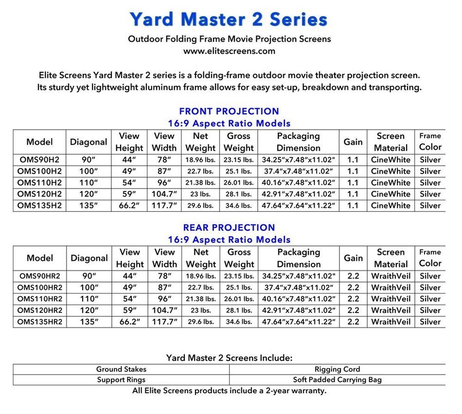 Elite Screens Yard Master 2, 120-inch 16:9, Foldable Outdoor Front Projection Movie Projector Screen, OMS120H2 N4