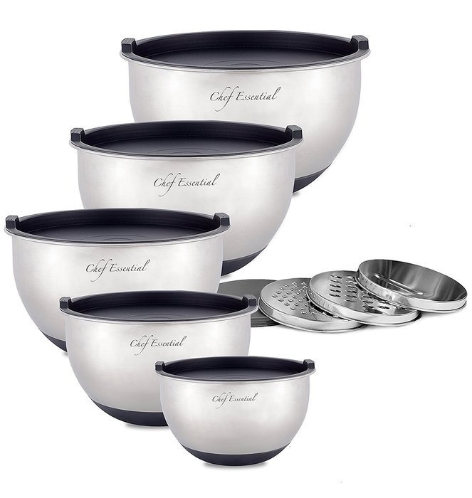 Chef Essential Stainless Steel Non-Slip Mixing Bowls Set with Lids and Graters, Set of 5, Black
