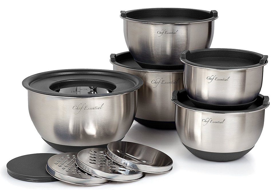 Chef Essential Stainless Steel Non-Slip Mixing Bowls Set with Lids and Graters, Set of 5, Black N4
