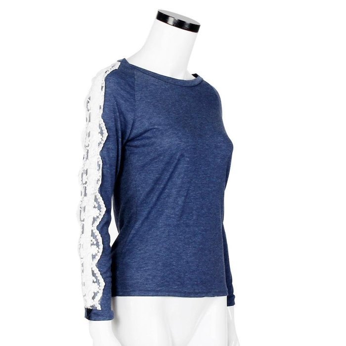 AIMTOPPY New Women Lace Loose Top Full Sleeve Blouse Ladies Casual Tops T-Shirt (M, Blue) N3