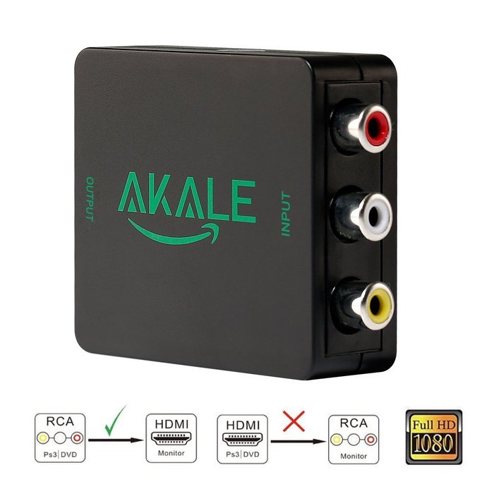 Akale RCA Composite CVBS AV to HDMI Video Audio Converter Adapter Mini Box Support 1080P for TV/PC/PS3/Blue-Ray...