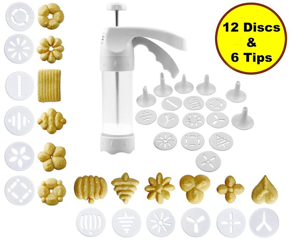 JJMG NEW Comfort Grip Stylish Cookie Press Kit Cake Cookies Making Decorating Gun &ndash; 12 Discs and 6 Icing tips