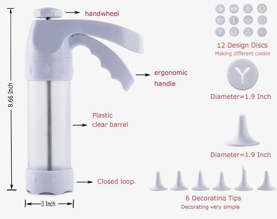JJMG NEW Comfort Grip Stylish Cookie Press Kit Cake Cookies Making Decorating Gun &ndash; 12 Discs and 6 Icing tips N5
