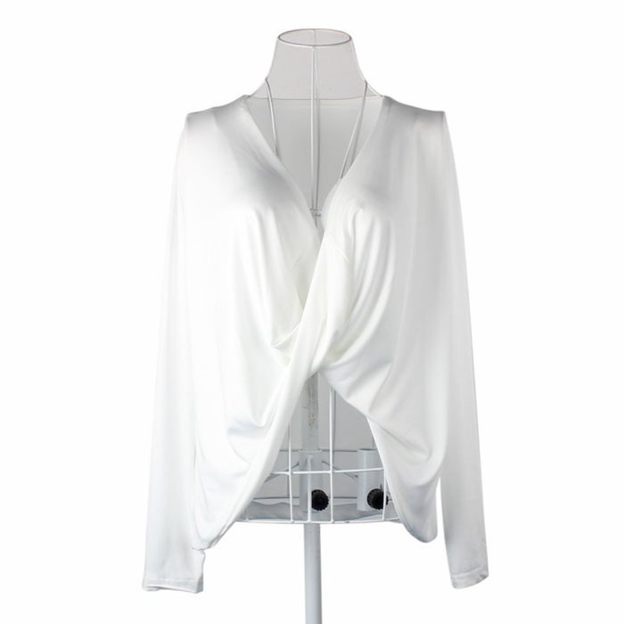 AIMTOPPY Fashion Women Sexy Front Cross V-Neck Long Sleeve Shirts White Tops Blouses (M, White) N2