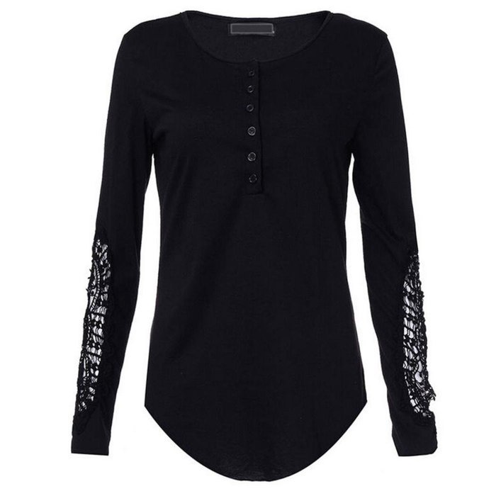 AIMTOPPY Womens Lace Long Sleeve Shirt Casual Blouse Loose Cotton Tops T Shirt (L, Black)