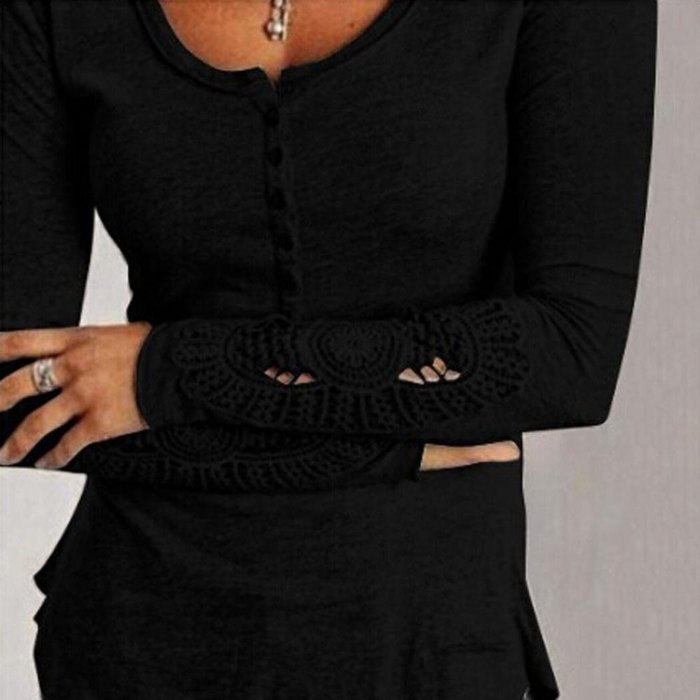 AIMTOPPY Womens Lace Long Sleeve Shirt Casual Blouse Loose Cotton Tops T Shirt (L, Black) N2
