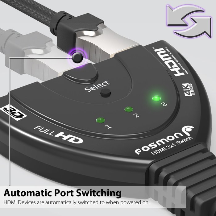 Fosmon HD1831 3-Port HDMI Switch with Pigtail Cable N13