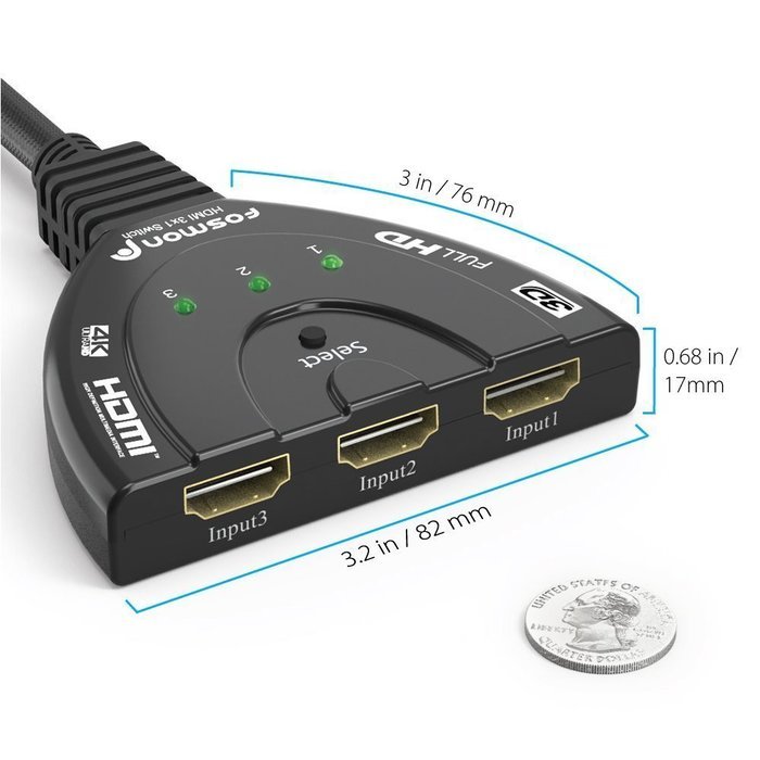 Fosmon HD1831 3-Port HDMI Switch with Pigtail Cable N16