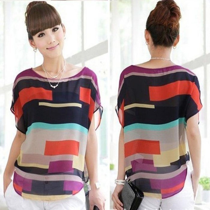 AIMTOPPY Sexy Women Summer Perspective Casual Loose Chiffon Tops short sleeve Blouses T-Shirt (L, Colorful) N3