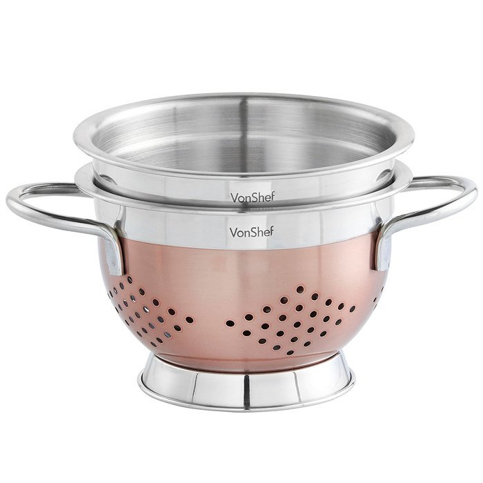 VonShef Premium 2pc Copper Stainless Steel Colander and 7 inch Mixing Bowl Set N4