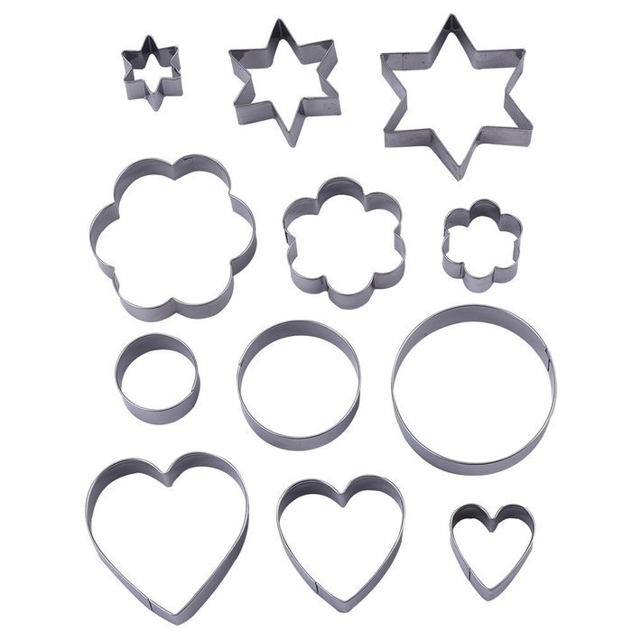 12 Pieces Metal Cookie Cutters, 3 Stars Shape, 3 Flowers Shape, 3 Round Shape, 3 Hearts Shape (Assorted Sizes)