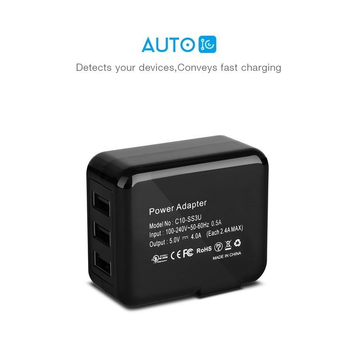EC Technology 4A 3 port 20W USB Wall Charger with Auto IC (Foldable Plug) adapter for iPhone SE/6s/6/6 Plus, iPad... N2