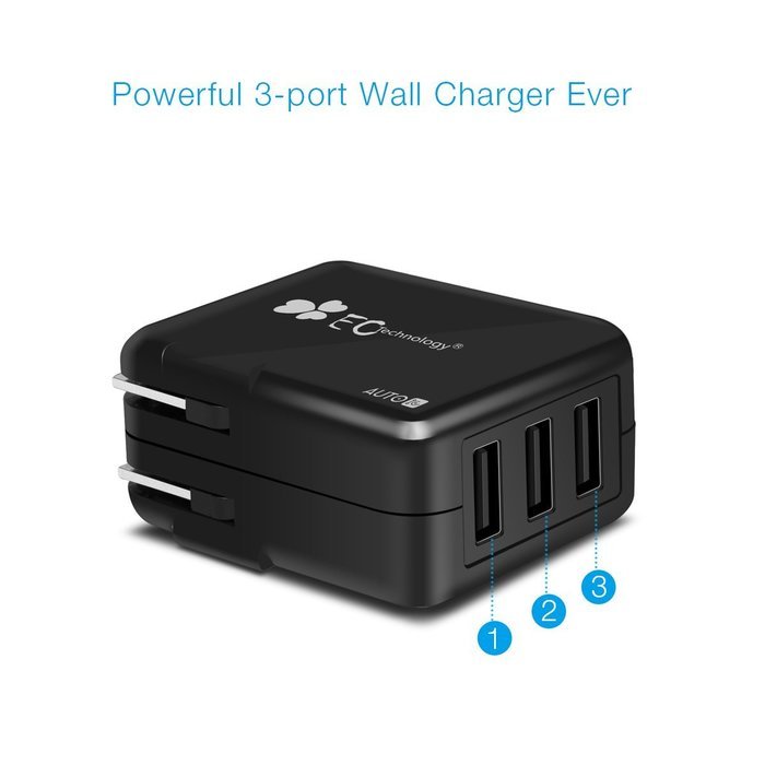 EC Technology 4A 3 port 20W USB Wall Charger with Auto IC (Foldable Plug) adapter for iPhone SE/6s/6/6 Plus, iPad... N3