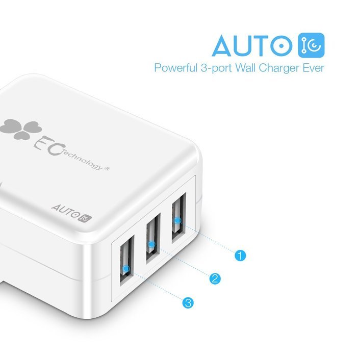 EC Technology 4A 3 port 20W USB Wall Charger with Auto IC (Foldable Plug) adapter for iPhone SE/6s/6/6 Plus, iPad... N10