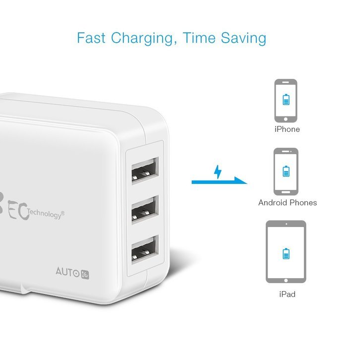 EC Technology 4A 3 port 20W USB Wall Charger with Auto IC (Foldable Plug) adapter for iPhone SE/6s/6/6 Plus, iPad... N12