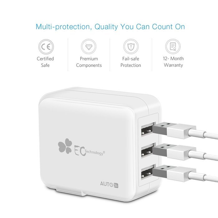 EC Technology 4A 3 port 20W USB Wall Charger with Auto IC (Foldable Plug) adapter for iPhone SE/6s/6/6 Plus, iPad... N14