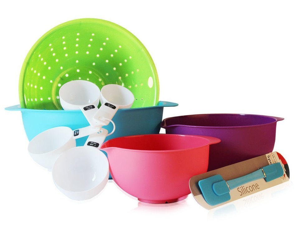 Mixing Bowls Set Colorful BPA Free Plastic Bowls, Colander, Measuring Cups & Silicone Spatula -Great Starter Set