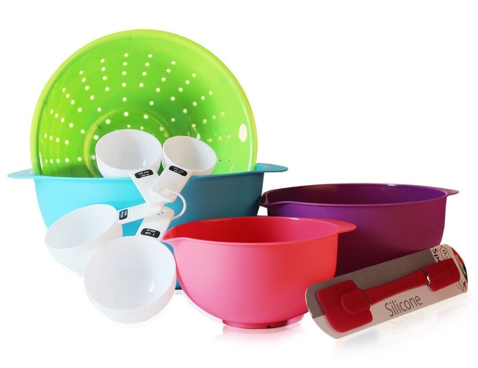 Mixing Bowls Set Colorful BPA Free Plastic Bowls, Colander, Measuring Cups & Silicone Spatula -Great Starter Set N7