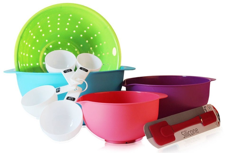 Mixing Bowls Set Colorful BPA Free Plastic Bowls, Colander, Measuring Cups & Silicone Spatula -Great Starter Set N8