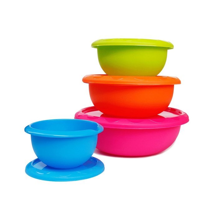 Honla Plastic Mixing Bowls with Lids,Pour Spout&Curved Lip,1,2,3 and 5 Quart-Set of 4-Blue/Lime Green/Orange/Pink-for...