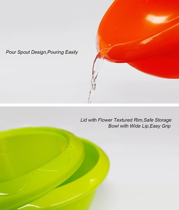 Honla Plastic Mixing Bowls with Lids,Pour Spout&Curved Lip,1,2,3 and 5 Quart-Set of 4-Blue/Lime Green/Orange/Pink-for... N2