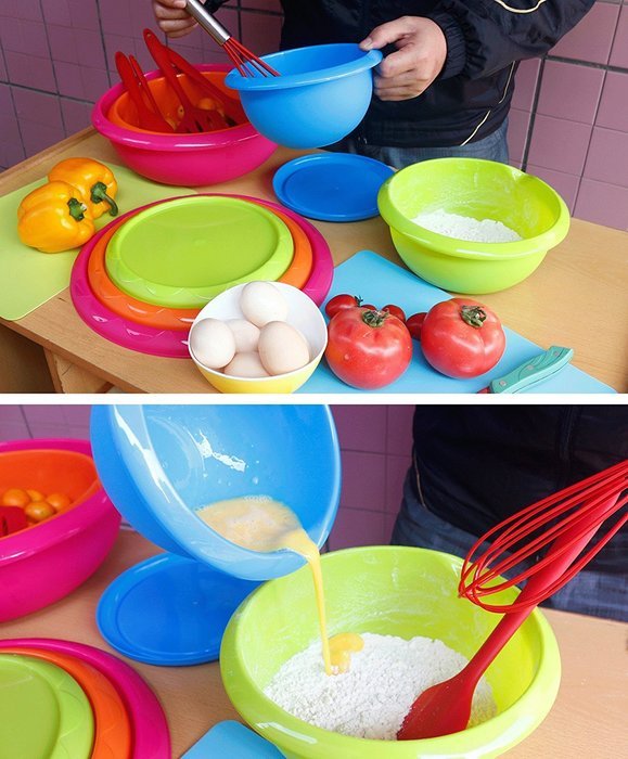 Honla Plastic Mixing Bowls with Lids,Pour Spout&Curved Lip,1,2,3 and 5 Quart-Set of 4-Blue/Lime Green/Orange/Pink-for... N4