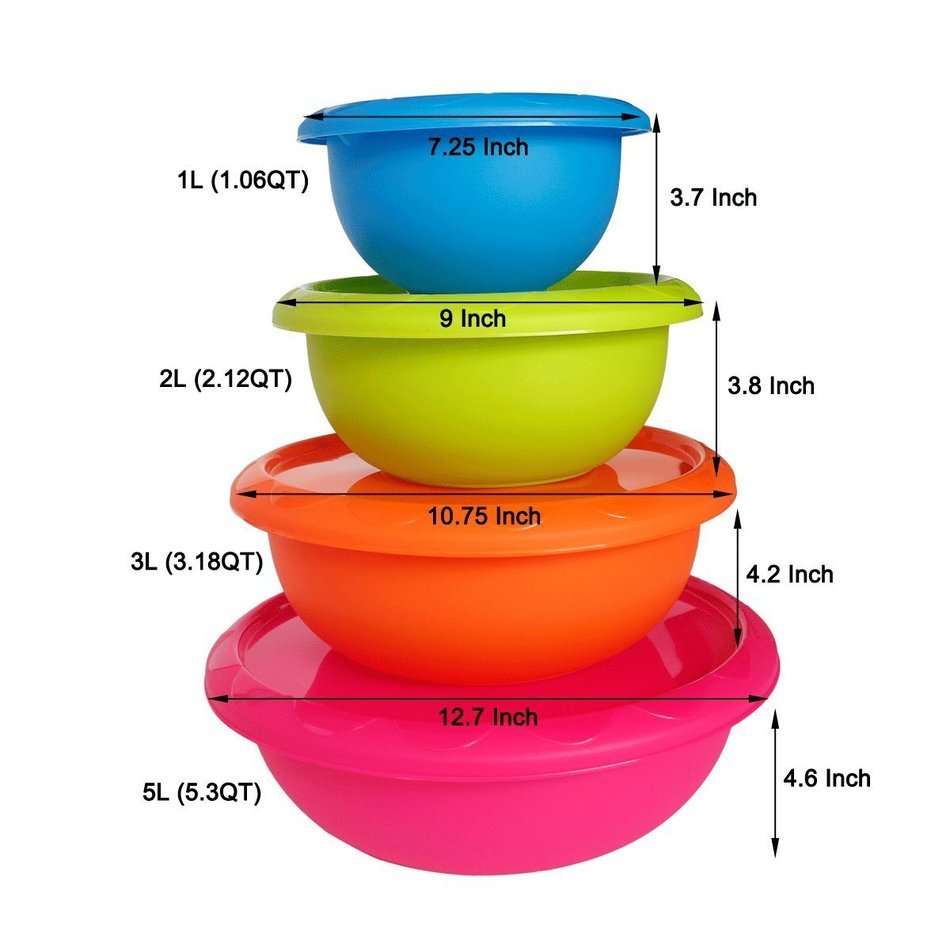 Honla Plastic Mixing Bowls with Lids,Pour Spout&Curved Lip,1,2,3 and 5 Quart-Set of 4-Blue/Lime Green/Orange/Pink-for... N6
