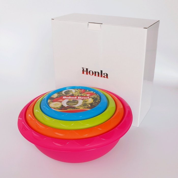 Honla Plastic Mixing Bowls with Lids,Pour Spout&Curved Lip,1,2,3 and 5 Quart-Set of 4-Blue/Lime Green/Orange/Pink-for... N7