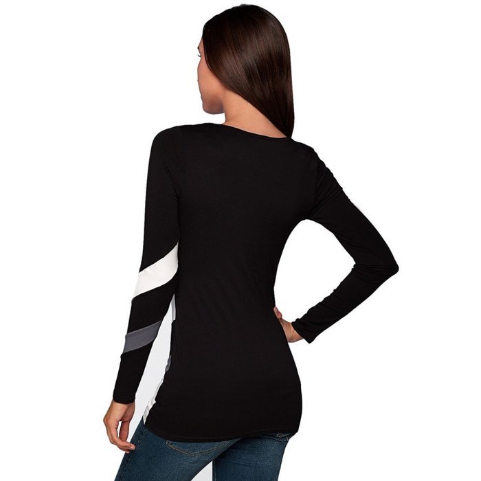 AIMTOPPY Womens Sexy Stripe Splice Long Sleeve Round Neck Pullover Blouse Tops Casual T Shirt (L, Black) N2