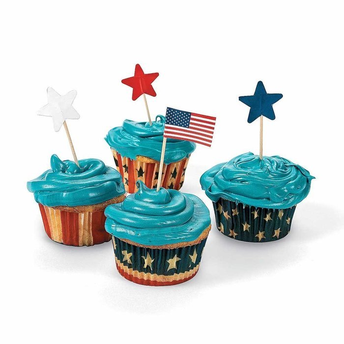Fun Express Fourth of July Patriotic Red, White and Blue Baking Cups w/ Star Picks - 100 PIeces