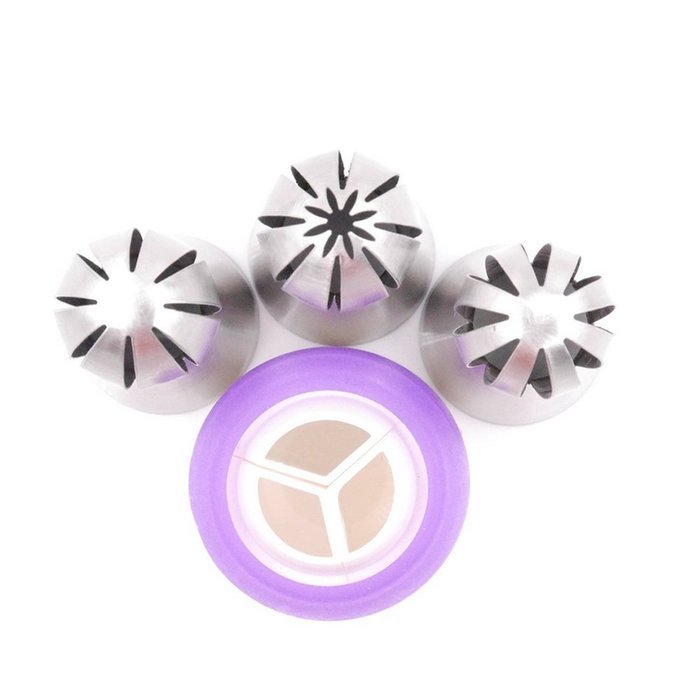 Peicees 3pcs The Torch Sphere Ball Nozzle Tips + 1pcsTri-color Coupler with 5 Pastry Icing Bags N3