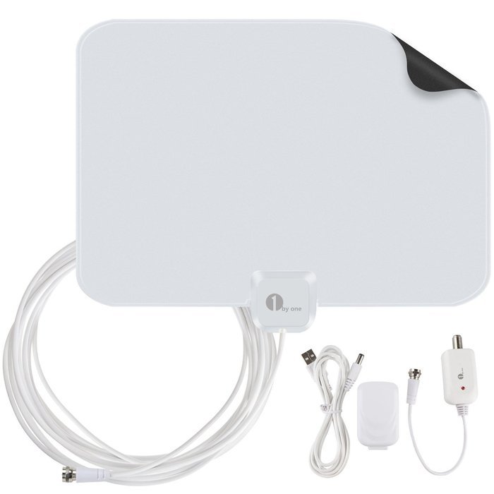 1byone 50 Miles Amplified HDTV Antenna with USB Power Supply and 20 Feet Coaxial Cable - White/Black