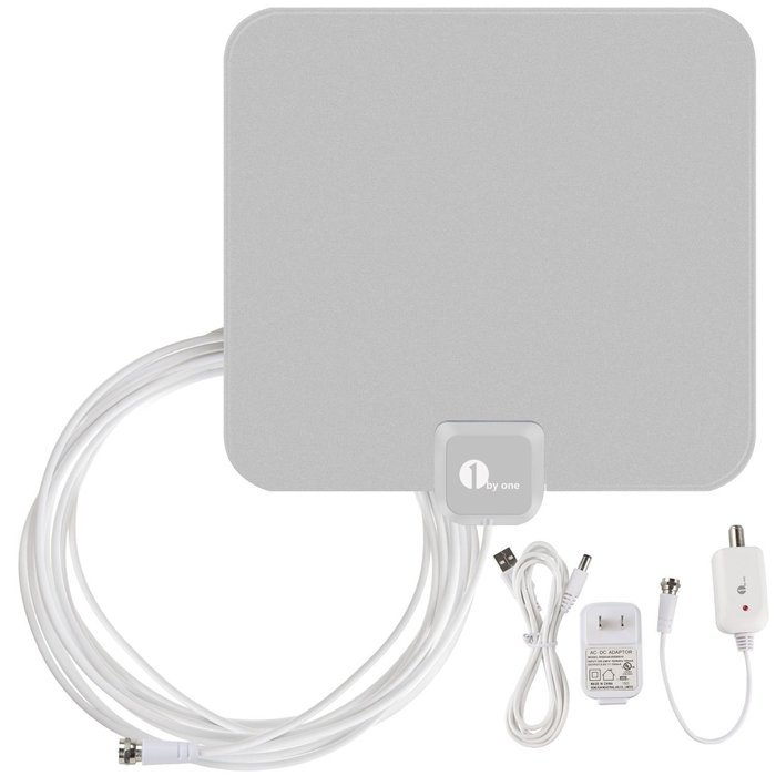 1byone 50 Miles Amplified HDTV Antenna with USB Power Supply and 20 Feet Coaxial Cable - White/Black N23
