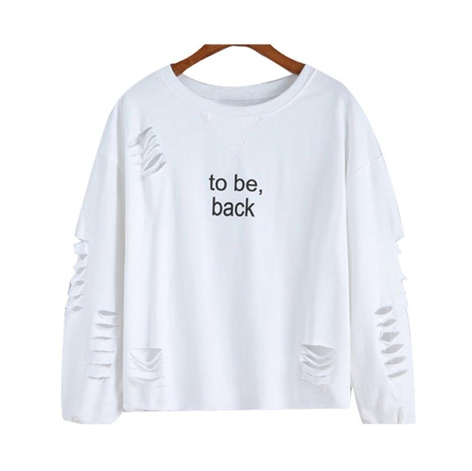 AIMTOPPY Women Letters Printed Round Neck Long Sleeve Cotton Shirt Casual Blouse (S, white) N4