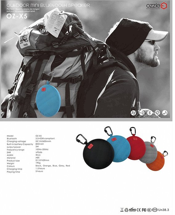 Ozzie Mini Wireless Portable Stereo Bluetooth 3.0 Waterproof Outdoor & Shower Speaker with Built in 800 mA Battery... N17