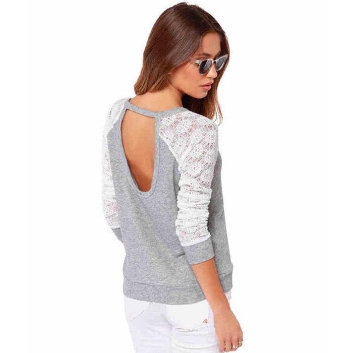 AIMTOPPY Women Backless Long Sleeve Embroidery Lace Crochet Shirt Top Blouse (M, Grey)