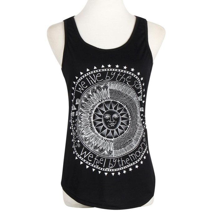 AIMTOPPY New Sexy Women Sun Printed Blouse Sleeveless Vest Tee Shirt Blouse Casual Tank Tops (XL, Black) N6