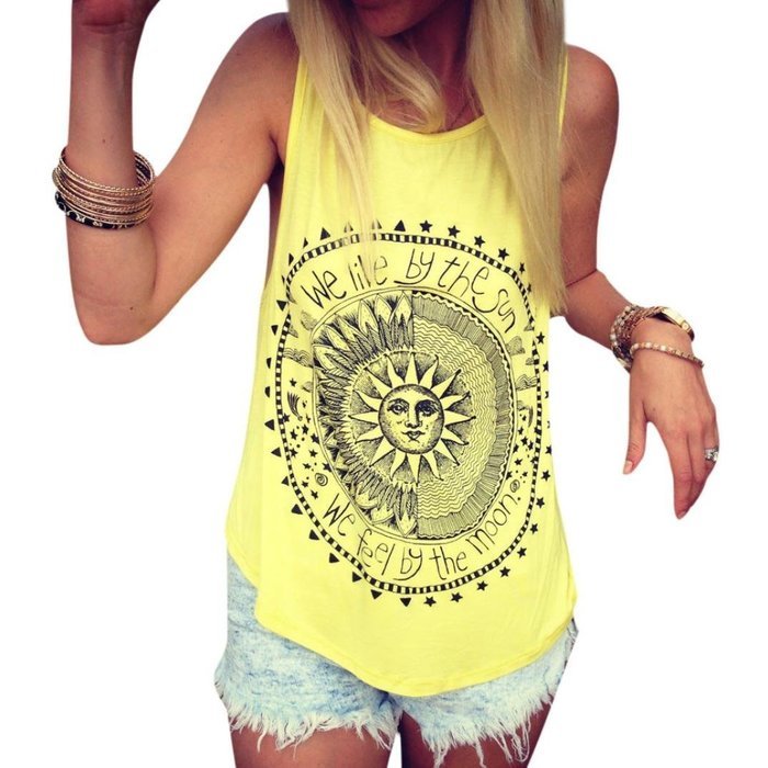 AIMTOPPY New Sexy Women Sun Printed Blouse Sleeveless Vest Tee Shirt Blouse Casual Tank Tops (XL, Black) N7